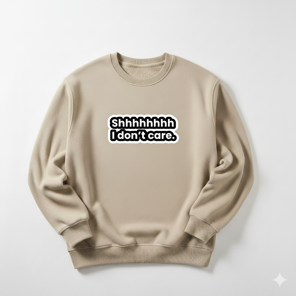 Shhhhhh I Don’t Care” Sweatshirt – Minimal Quote | Premium Fleece | Beige