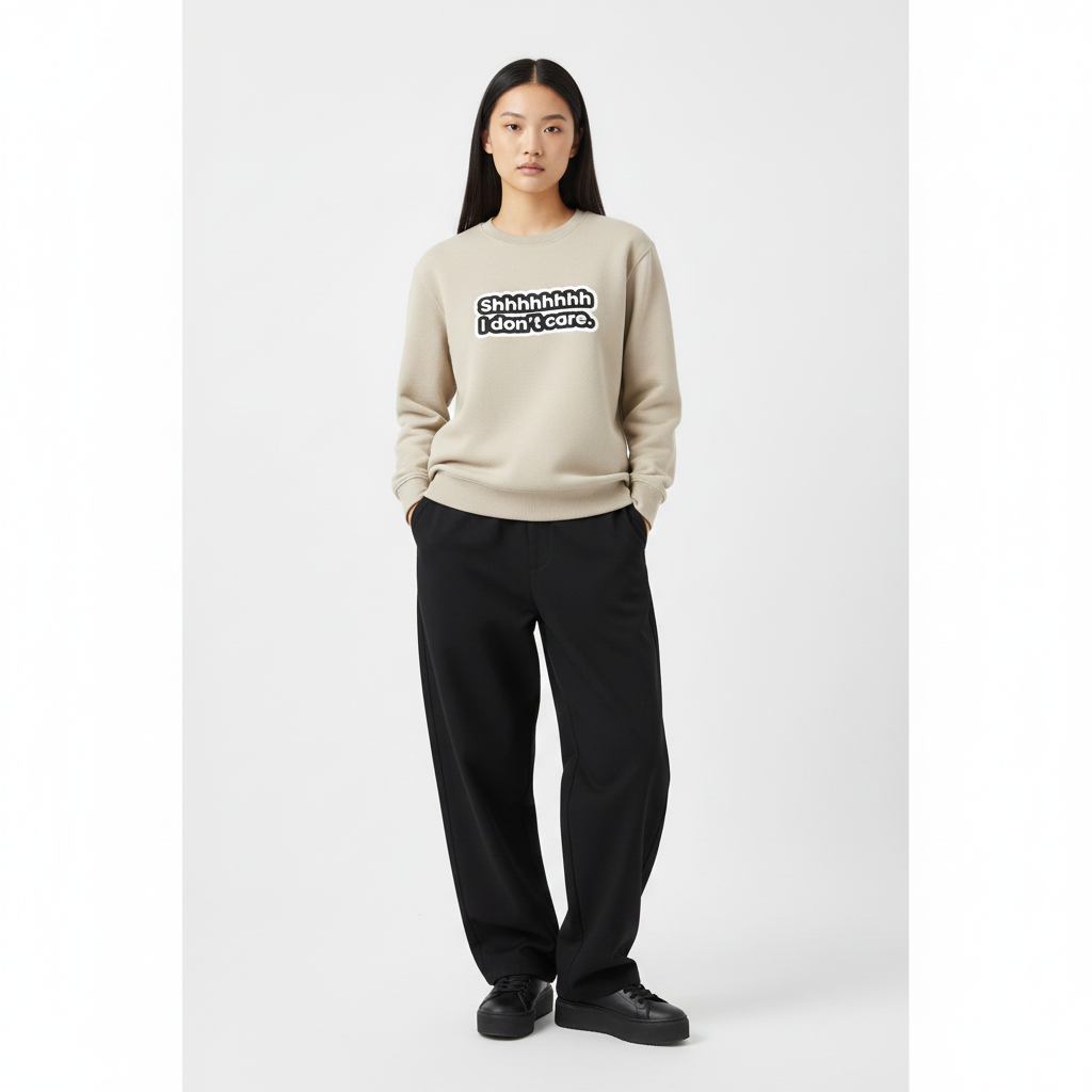 Shhhhhh I Don’t Care” Sweatshirt – Minimal Quote | Premium Fleece | Beige