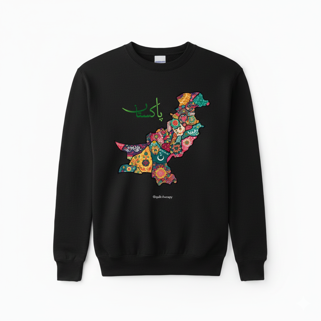 Pakistan Map Sweatshirt – Cultural Patchwork Design | Premium Fleece | Black