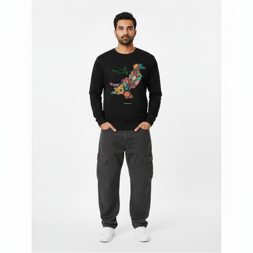 Pakistan Map Sweatshirt – Cultural Patchwork Design | Premium Fleece | Black