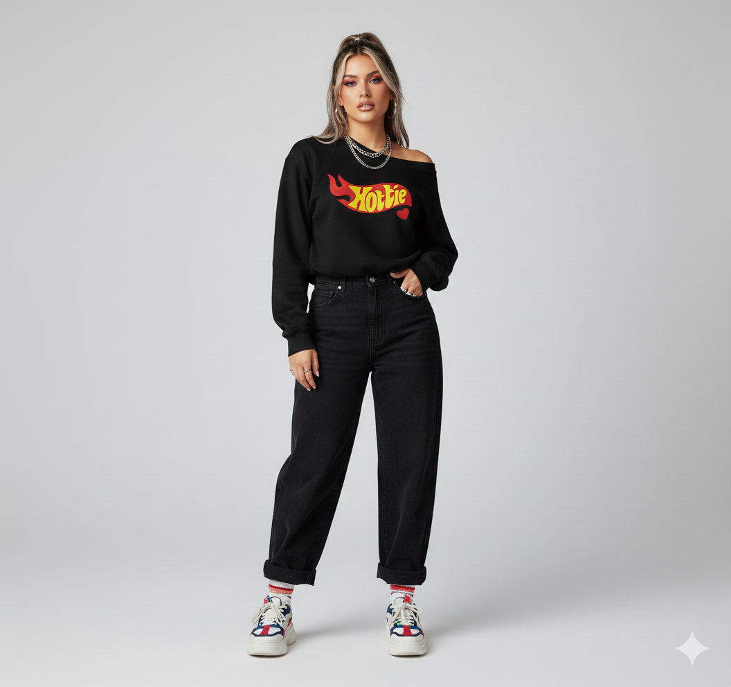 Hottie” Off-Shoulder Sweatshirt – Premium Fleece | Women’s Streetwear | Black